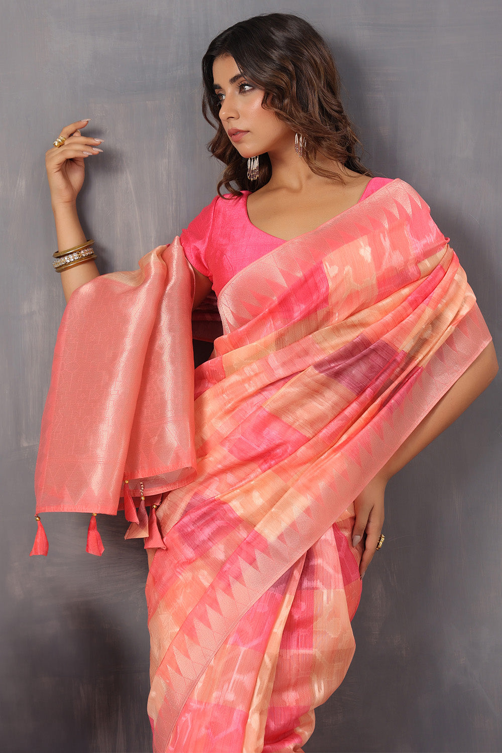 Coral Color Organza Woven Saree