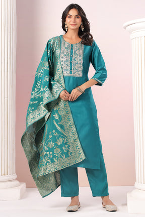 Teal Color Neck Embroidered Cotton Straight Suit with Banarsi Dupatta