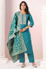 Teal Color Neck Embroidered Cotton Straight Suit with Banarsi Dupatta