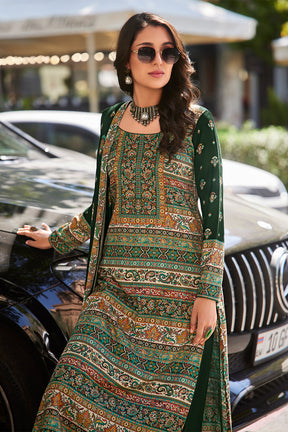 Green Color Printed Spun Fabric Unstitched Suit