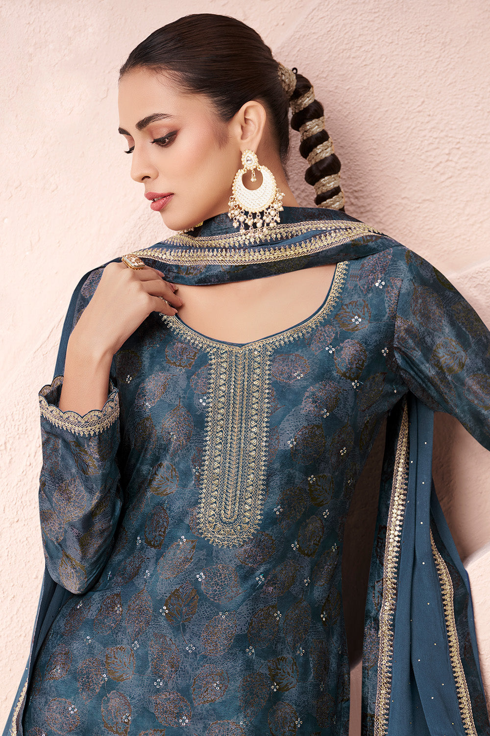 Navy Color Chinon Silk Printed and Embroidered Unstitched Suit Material