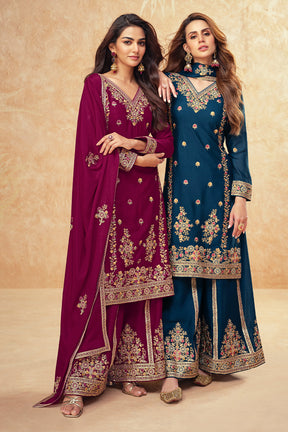 Dark Scarlet Color Crepe Silk Embroidered Suit With Embroidered Palazzo