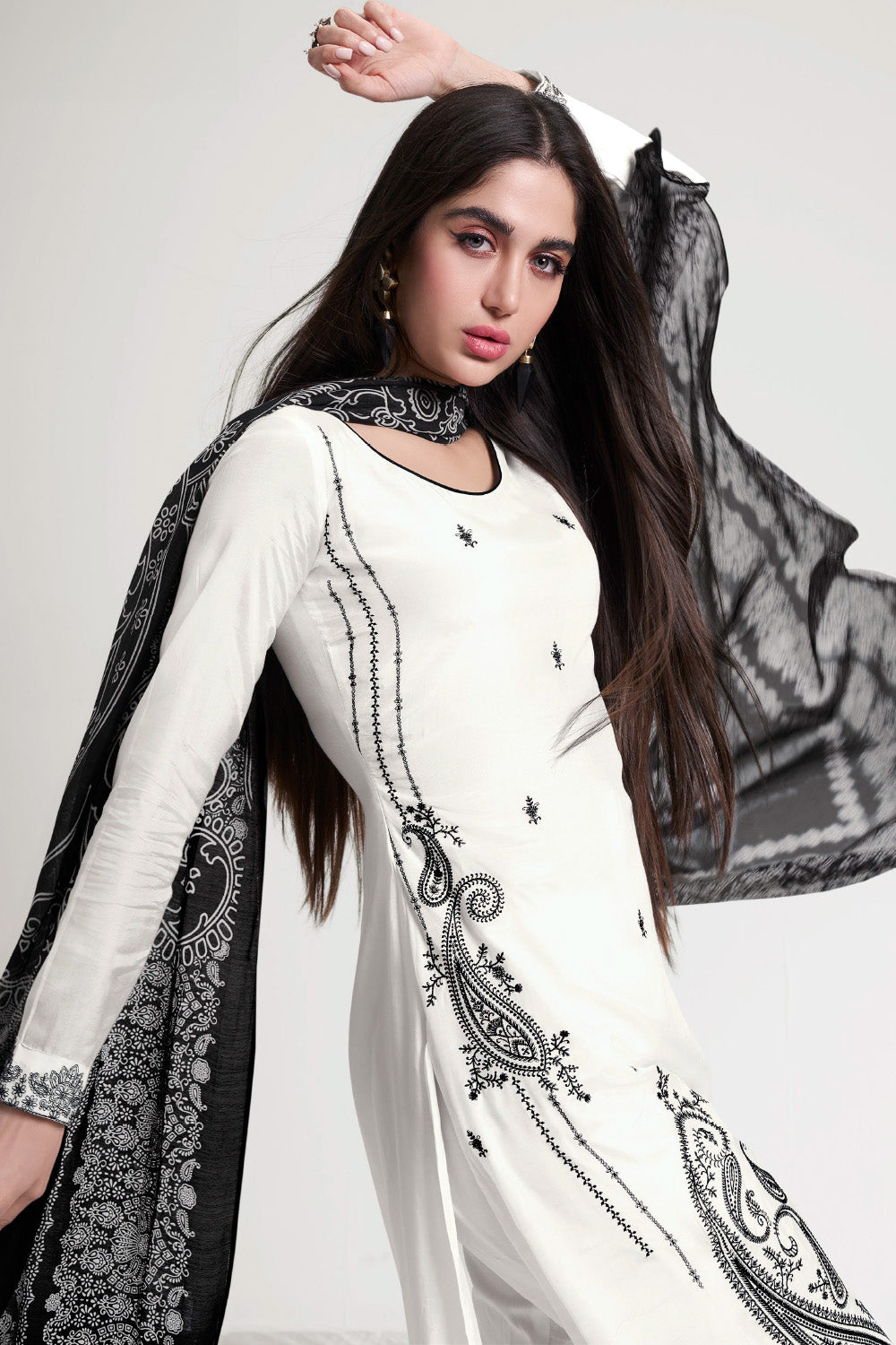 White Color Resham Embroidered Crepe Unstitched Suit Fabric