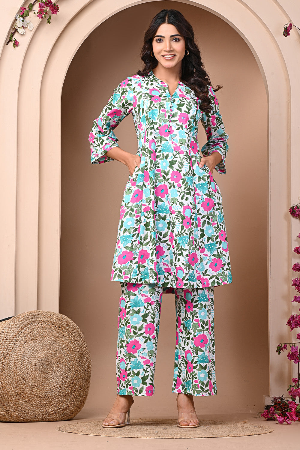 White & Turquoise Color Cotton Floral Printed A-Line Kurta Set