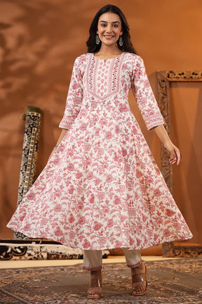 Cream & Pink Color Floral Printed Cotton Anarkali Suit