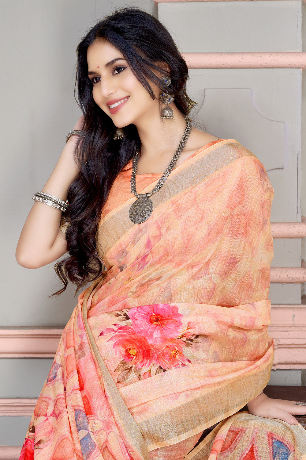 Peach Color Printed Cotton Saree