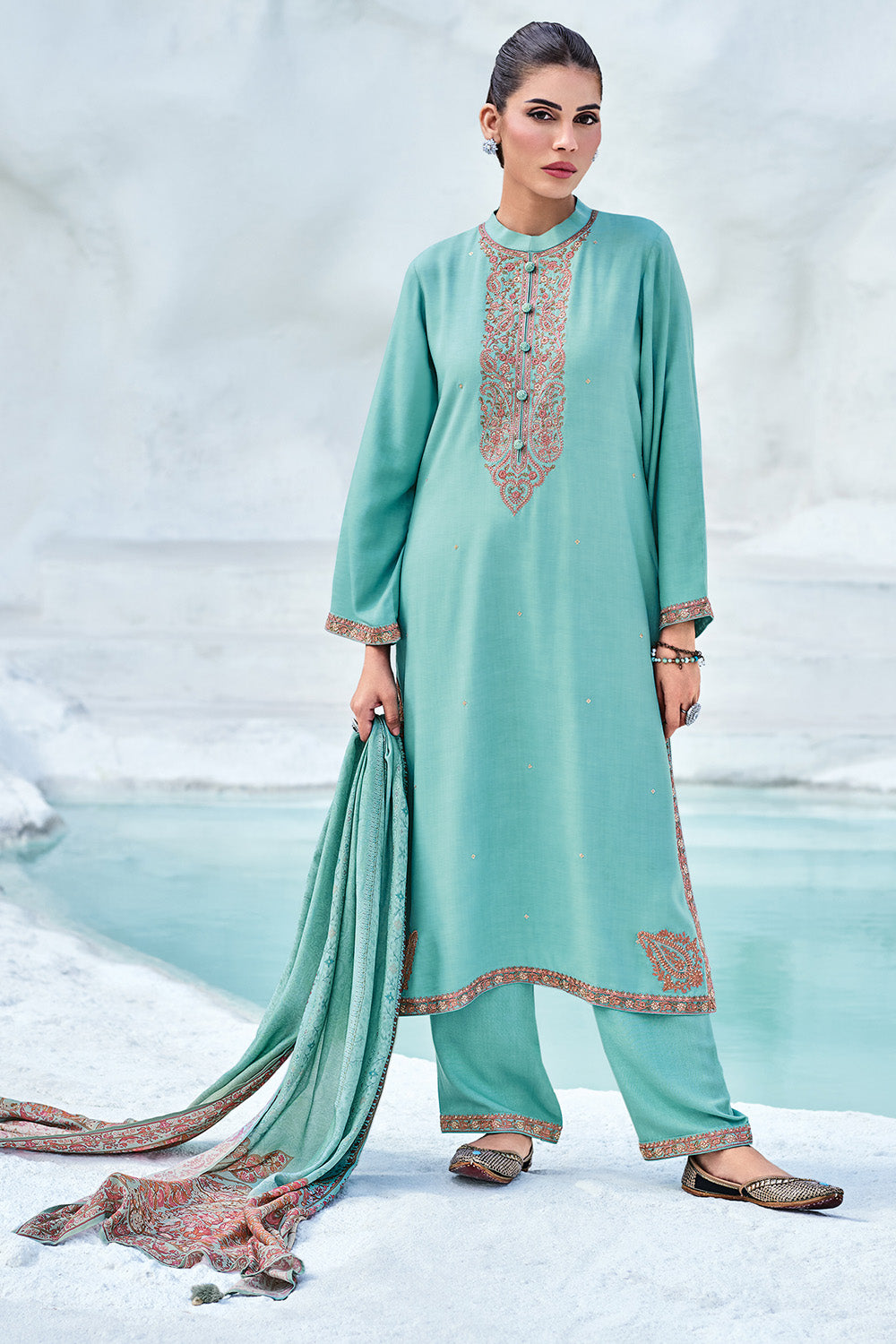 Turquoise Color Crepe Silk Embroidered Unstitched Suit Material