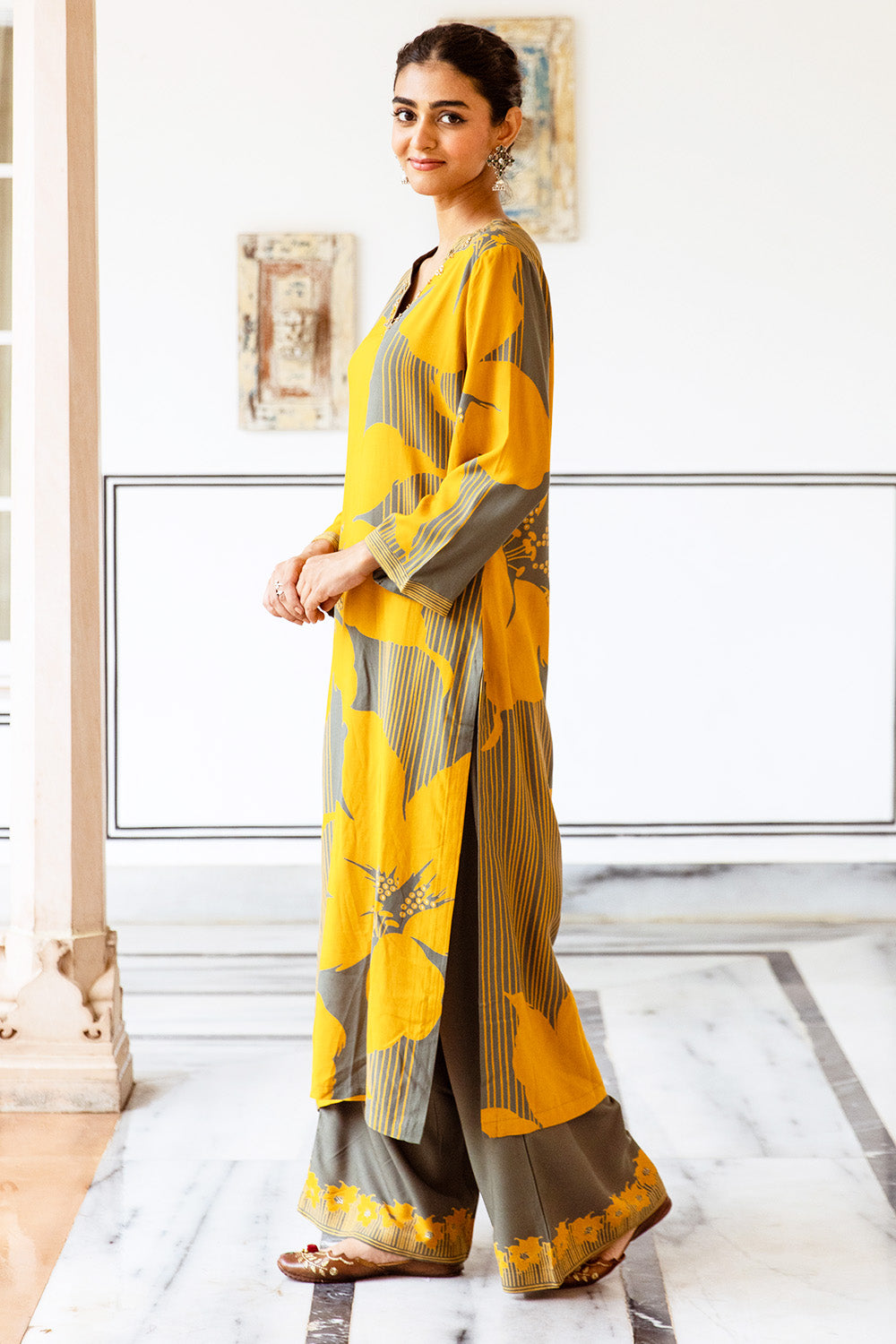 Mustard Color Floral Rayon Printed Kurta Set With Palazzo