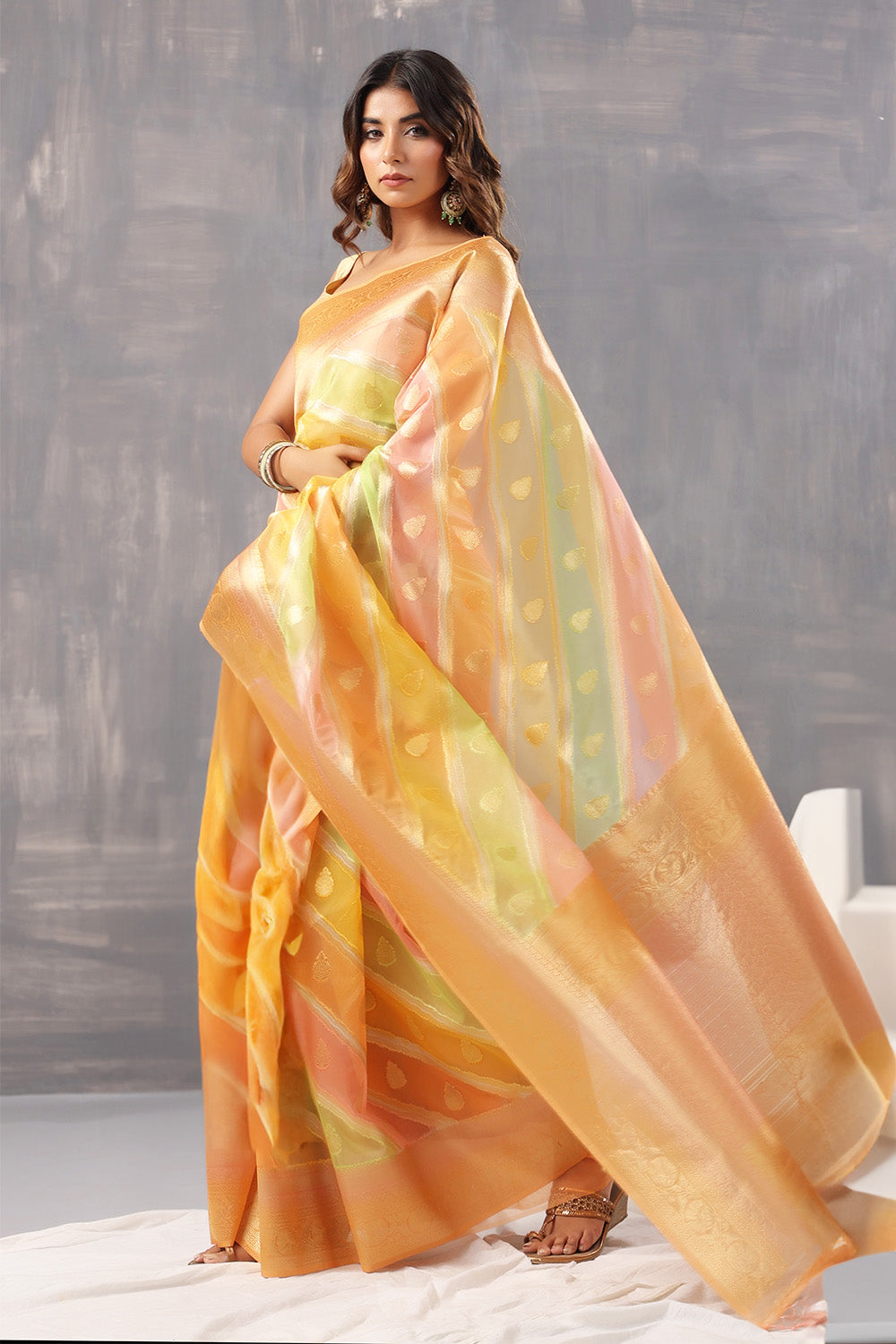 Orange Color Color Organza Golden Zari Woven Saree