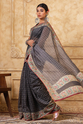 Grey Color Printed Cotton Saree