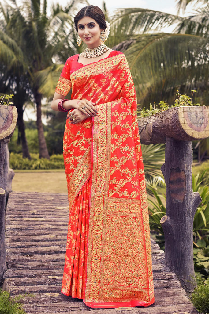 Coral Color Pathani Work Banarasi Silk Saree