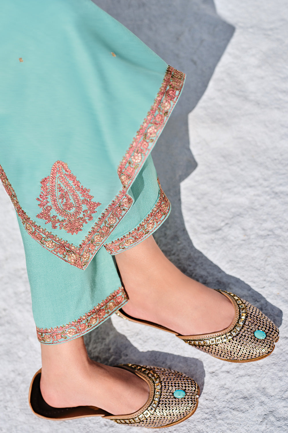 Turquoise Color Crepe Silk Embroidered Unstitched Suit Material