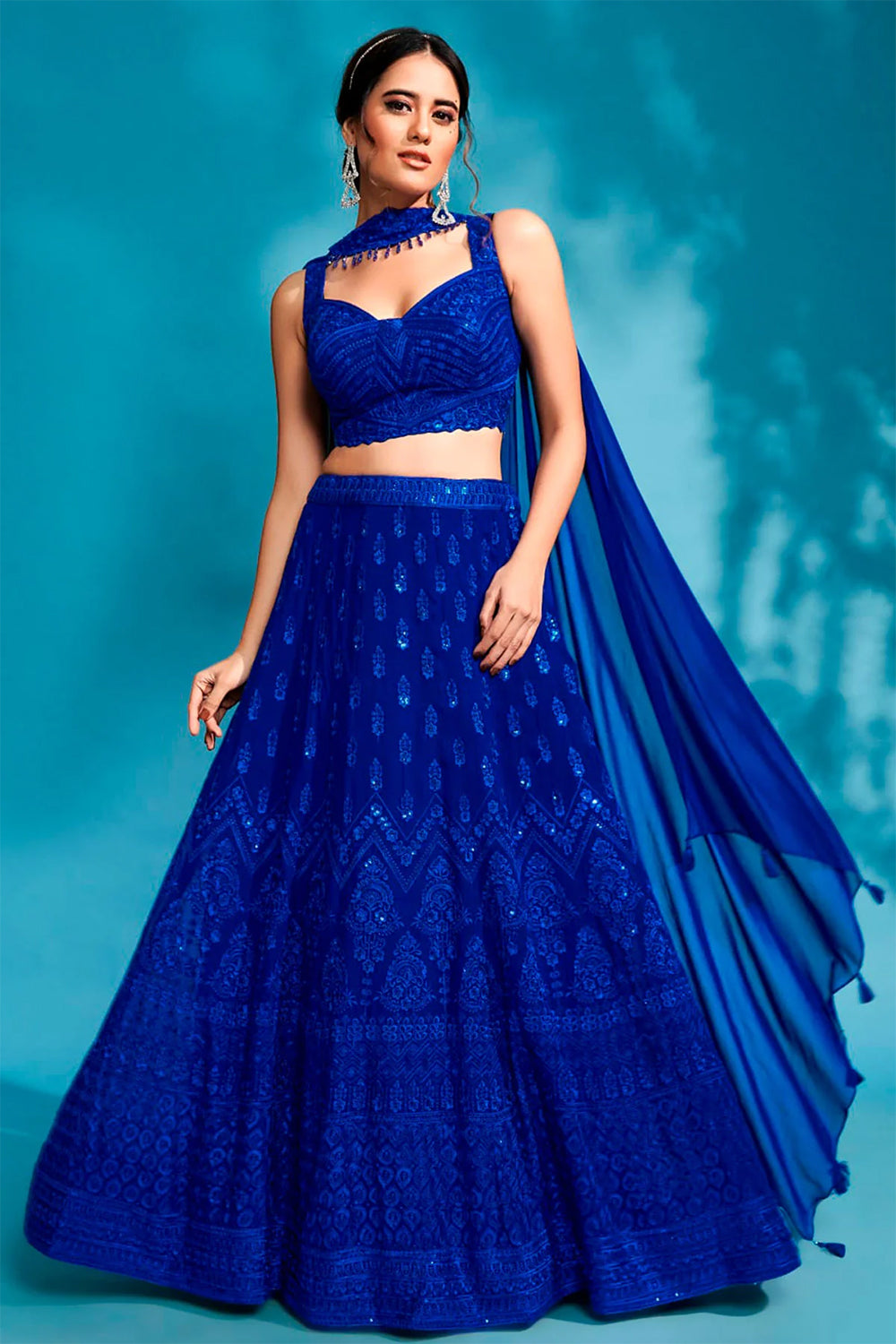 Royal Blue Color Georgette Embroidered Lehenga