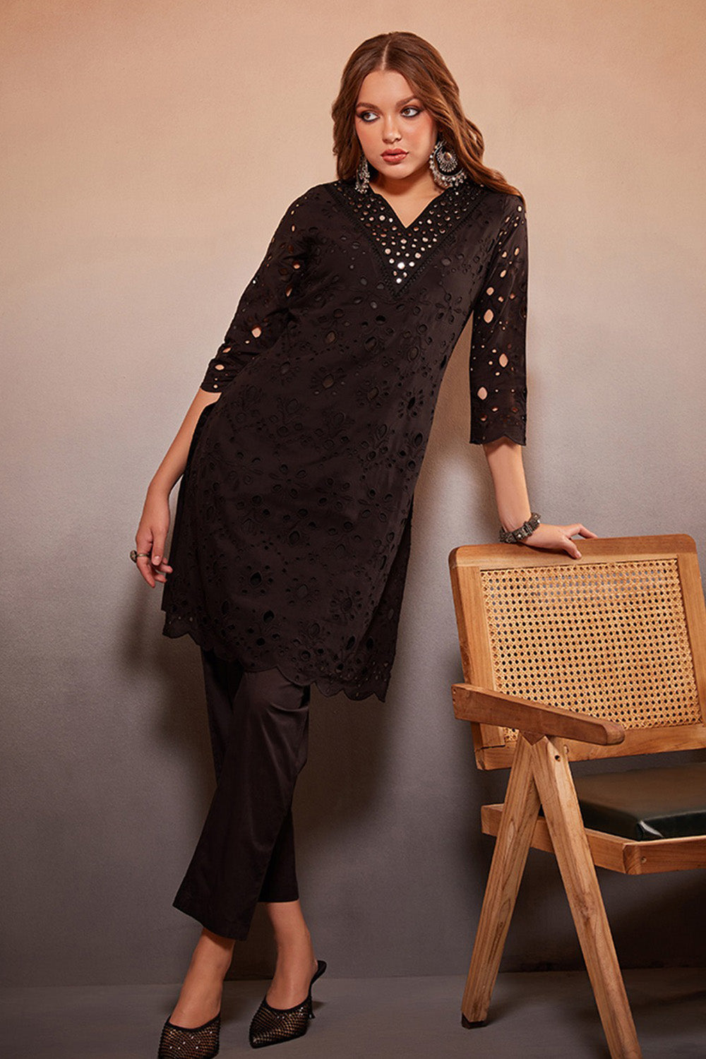 Black Color Cotton Embroidered Kurta Set