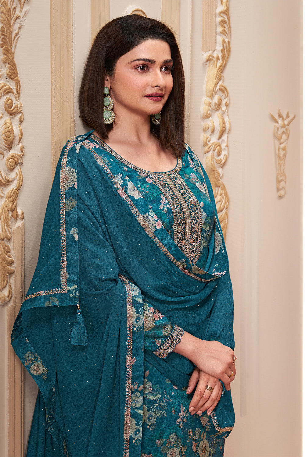 Blue Color Chinon Printed Unstitched Suit Material