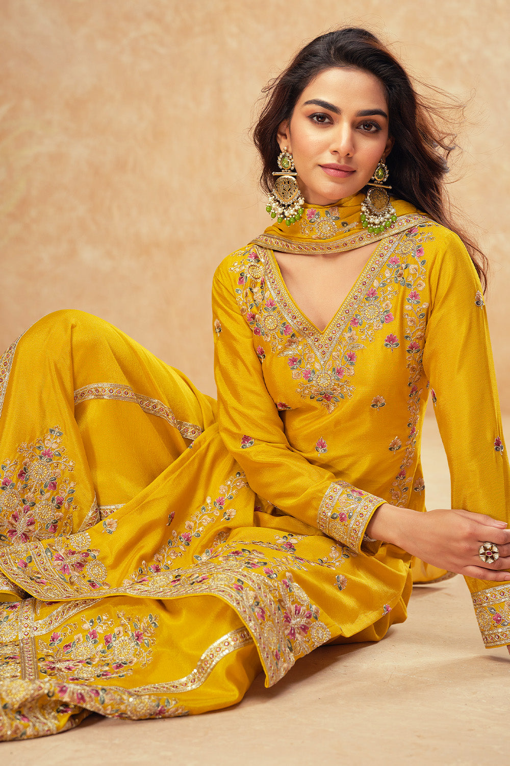 Mustard Color Crepe Silk Embroidered Suit With Embroidered Palazzo