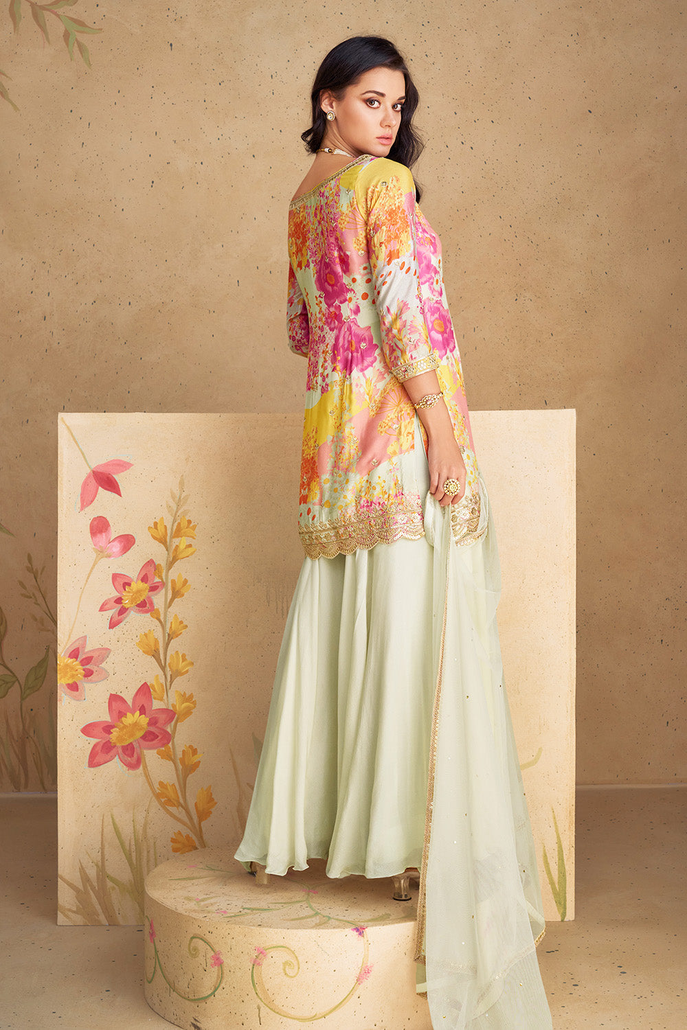 Cream Color Crepe Silk Printed & Embroidered Suit With Sharara