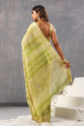 Green Color Organza Tissue Golden Zari Woven Saree