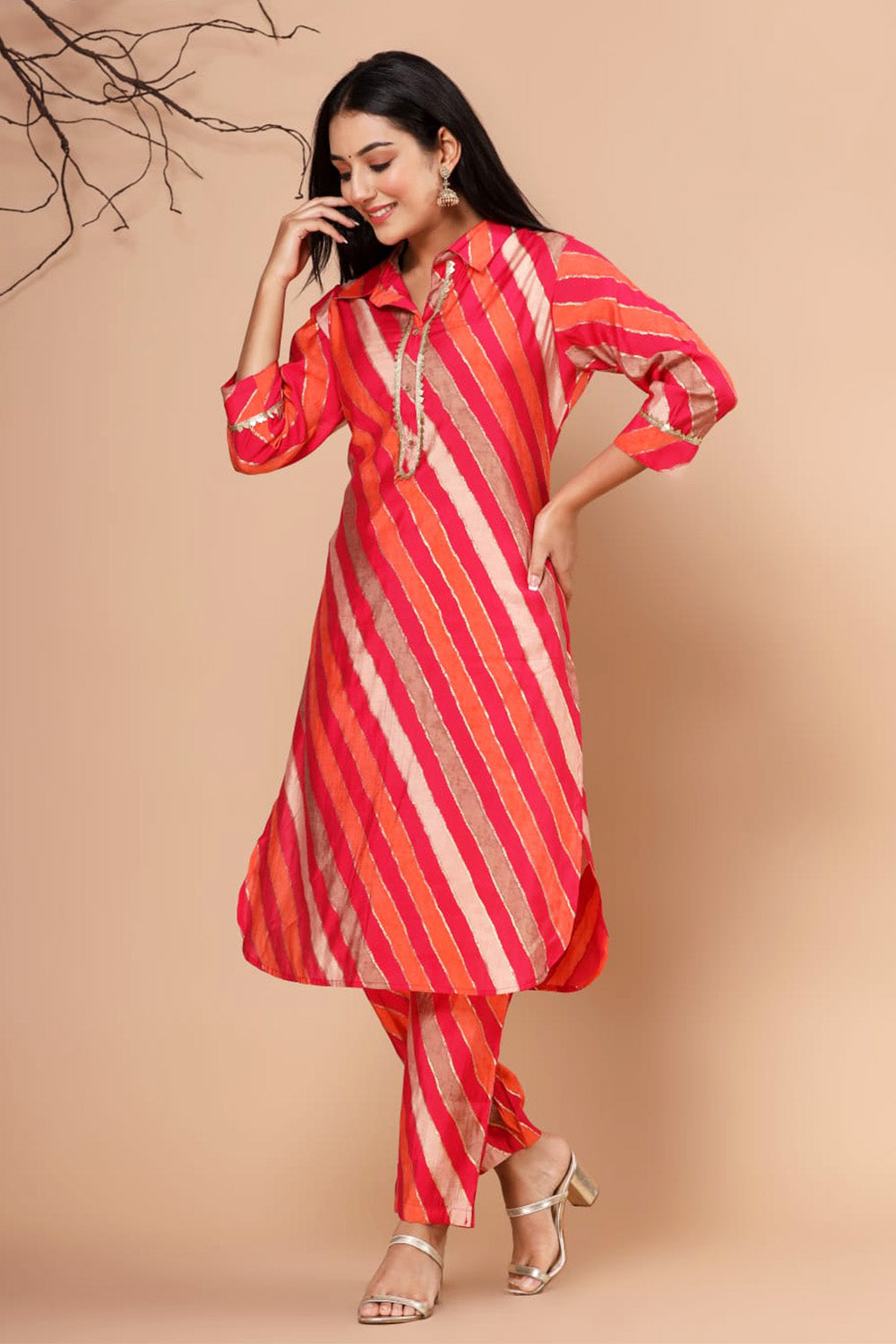 Orange & Fuchsia Color Muslin Printed Kurta Set