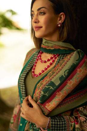 Green Colour Resham Embroidered And Printed Unstitched Suit