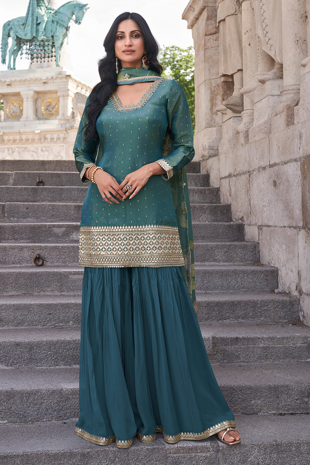 Blue Color Metallic Tissue Embroidered Suit With Sharara