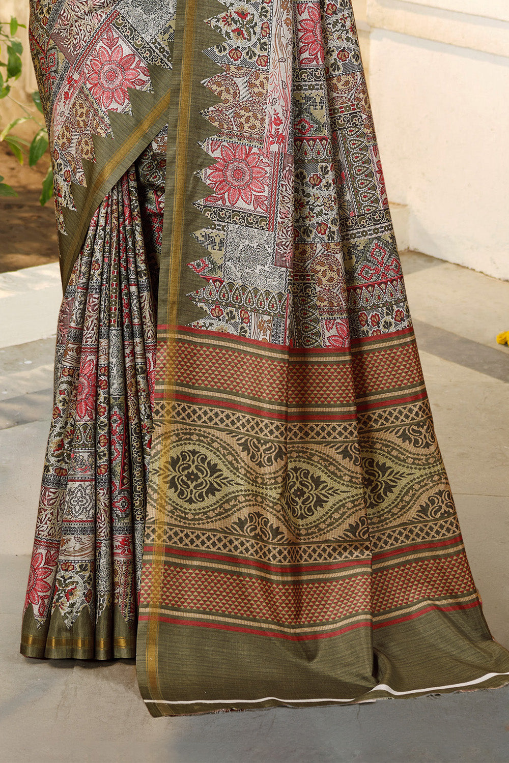 Olive Green Color Printed Crepe Silk Saree