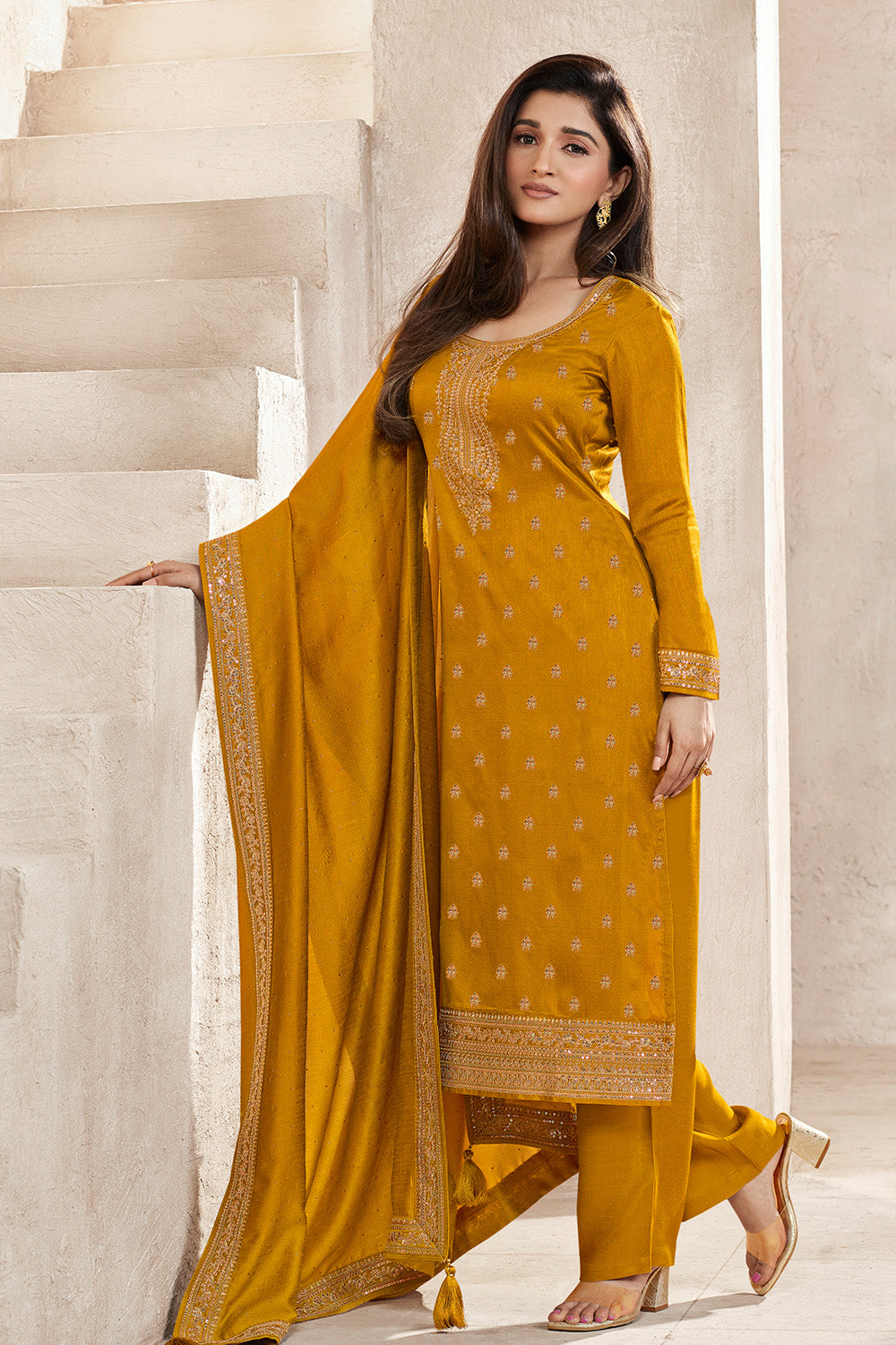 Mustard Color Zari Embroidered Silk Unstitched Suit Fabric