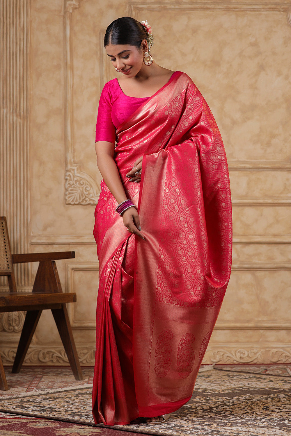 Fuschia Pink Silk Woven Saree