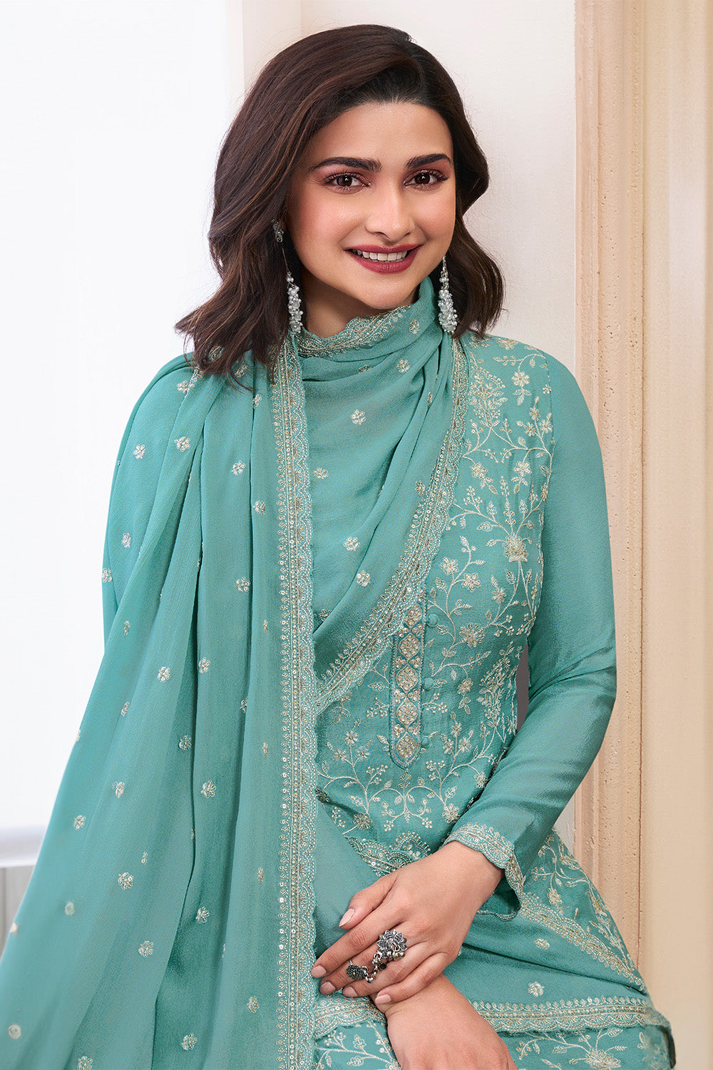 Teal Colour Heavy Embroidered Georgette Unstitched Suit Material