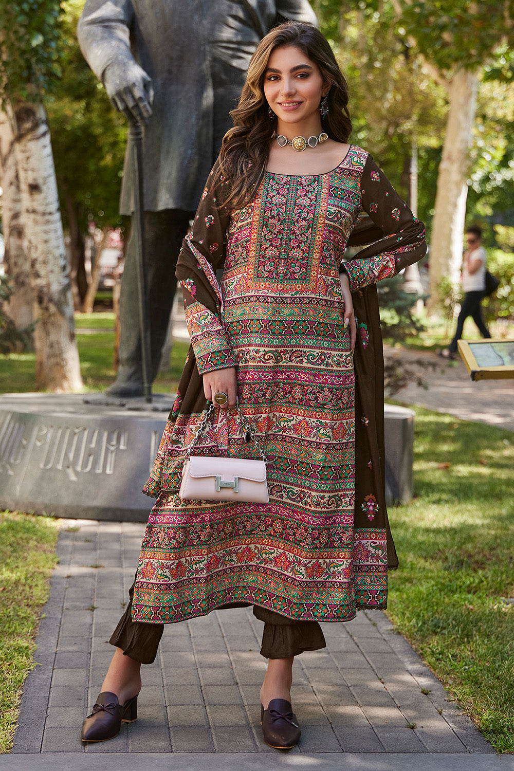 Brown Color Printed Spun Fabric Unstitched Suit