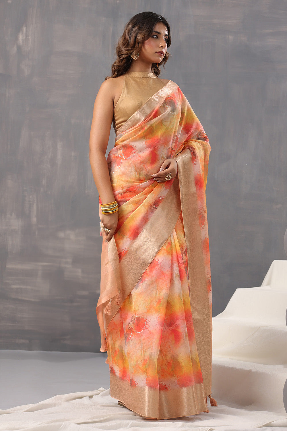 Multi-Color Floral Printed Organza Saree