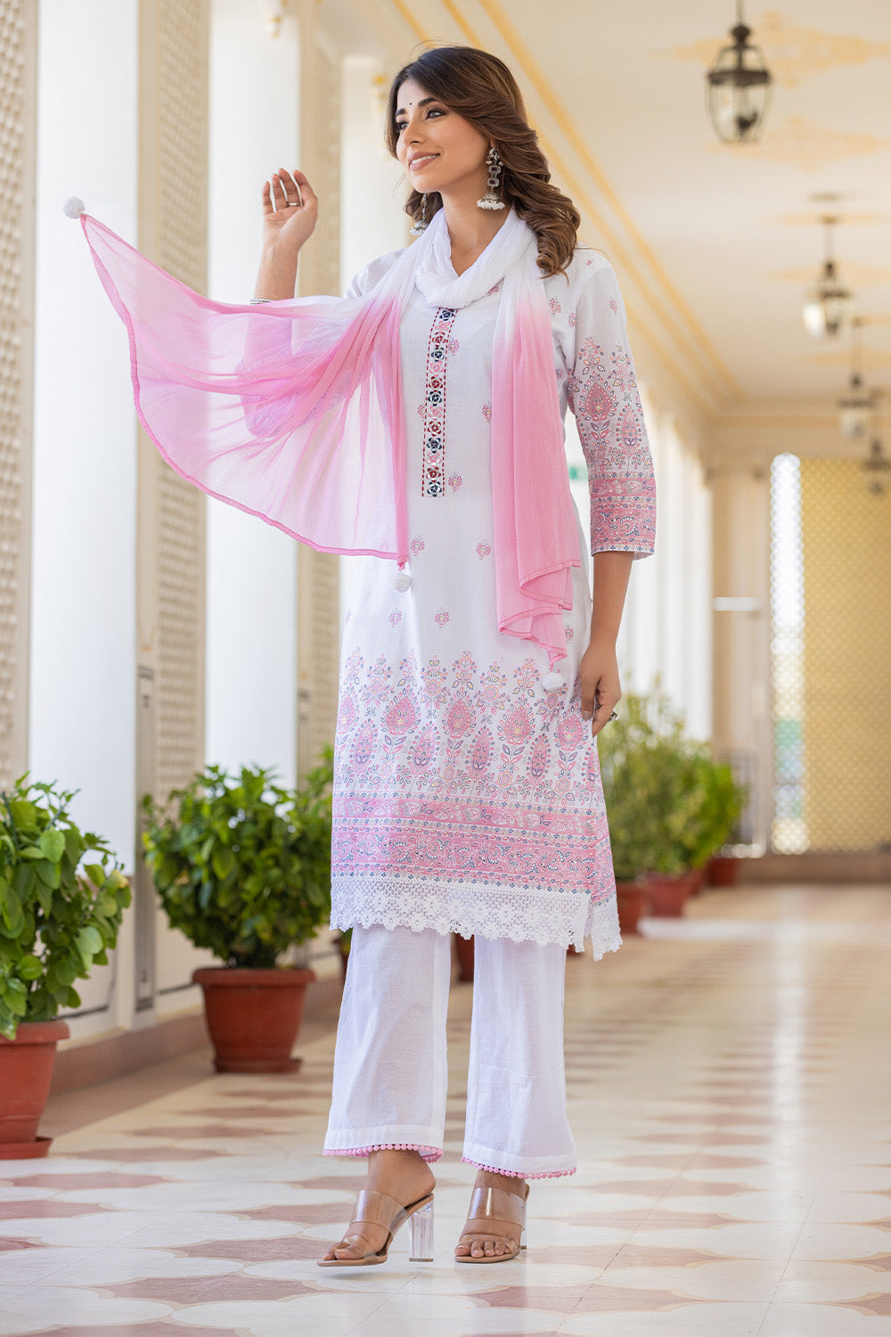 White & Pink Color Printed Cotton Suit
