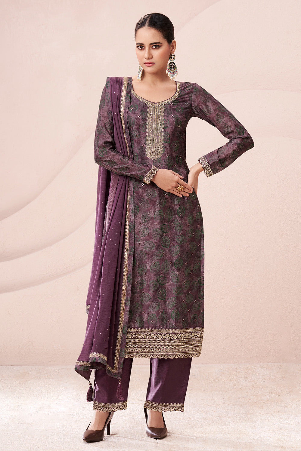 Dark Mauve Color Chinon Silk Printed and Embroidered Unstitched Suit Material