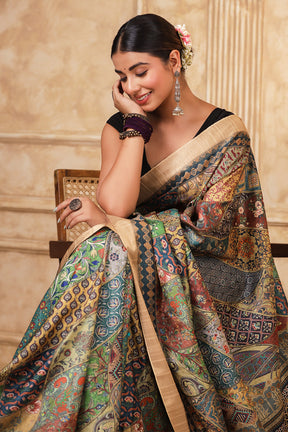 Green & Beige Color Printed Cotton Saree