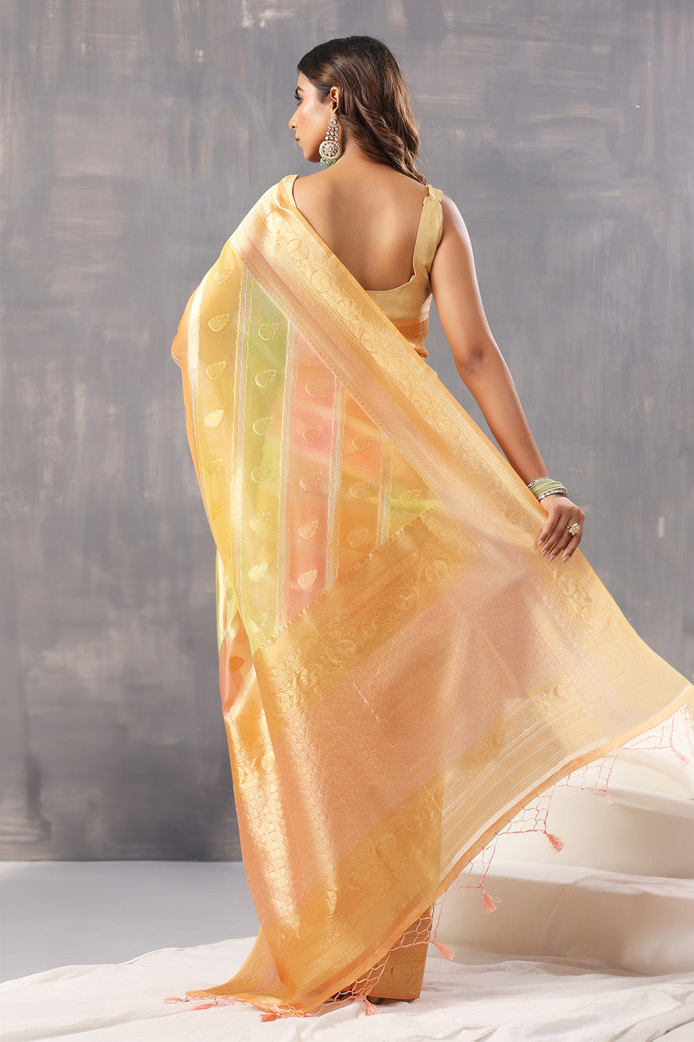 Orange Color Color Organza Golden Zari Woven Saree