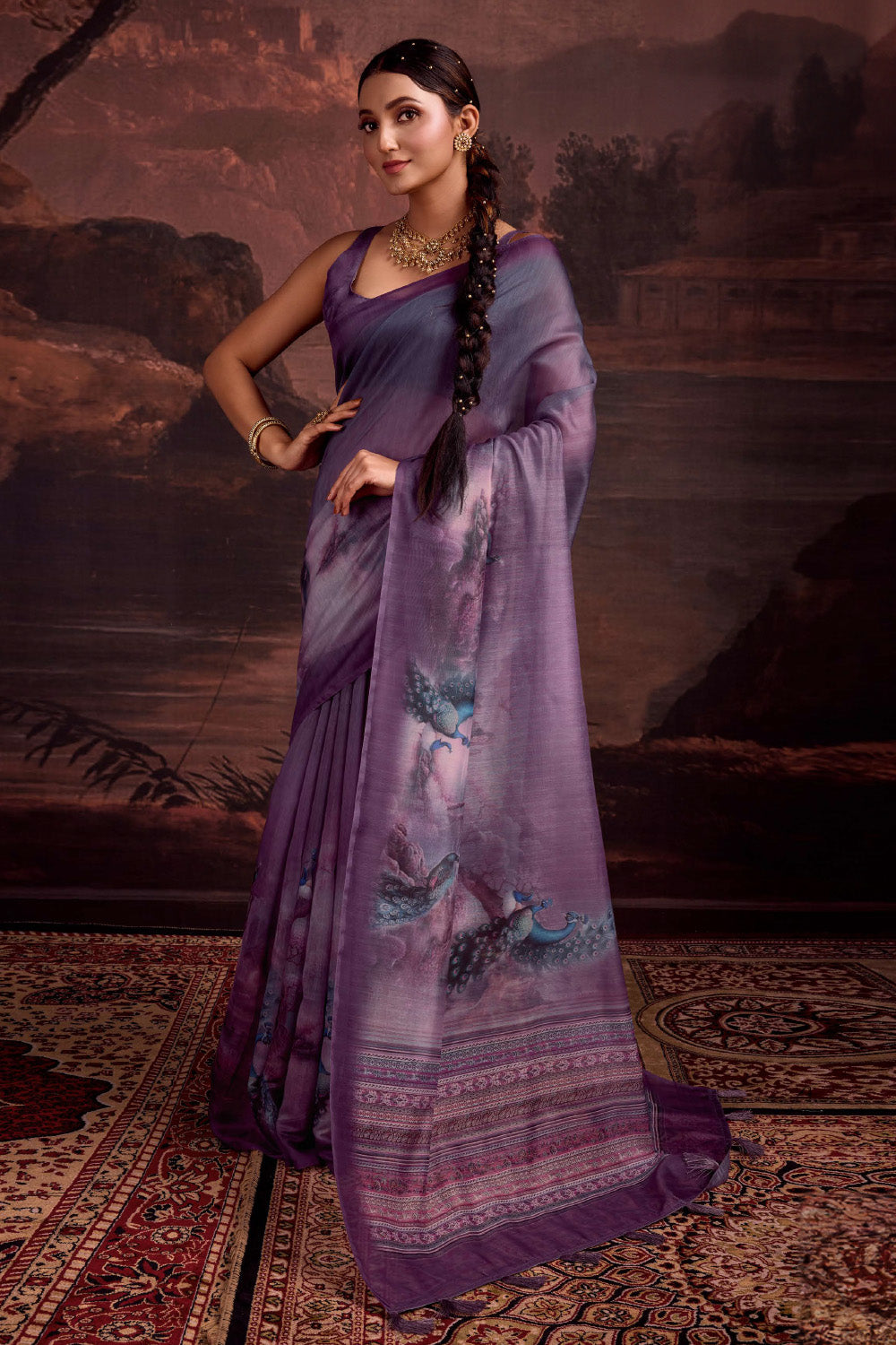 Purple Color Printed Chanderi Cotton Saree