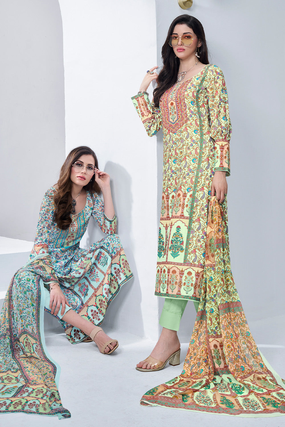 Pista Green Color Digital Printed Cotton Unstitched Suit Material