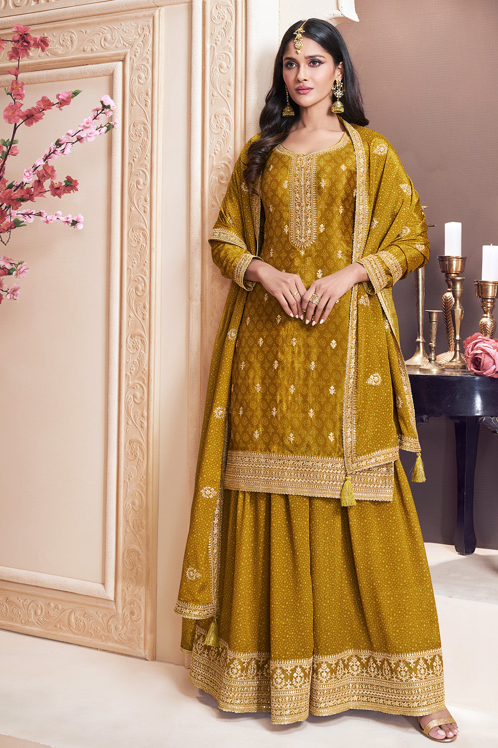 Mustard Color Bandhani Printed & Embroidered Crepe Silk Unstitched Suit Material With Readymade Palazzo