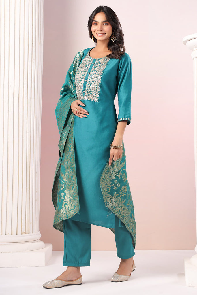 Teal Color Neck Embroidered Cotton Straight Suit with Banarsi Dupatta