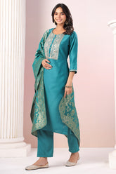 Teal Color Neck Embroidered Cotton Straight Suit with Banarsi Dupatta