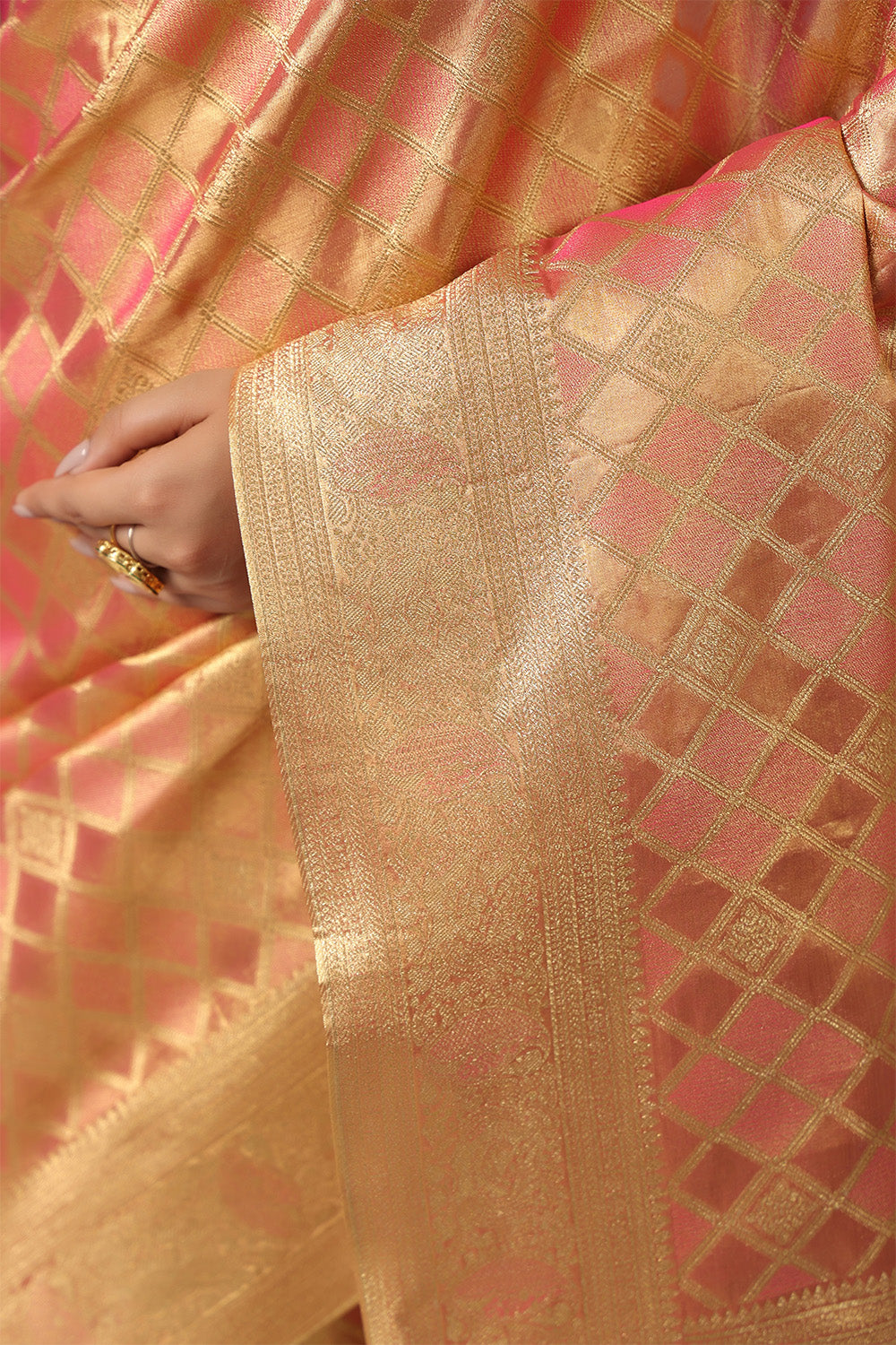 Golden & Coral Color Silk Woven Saree