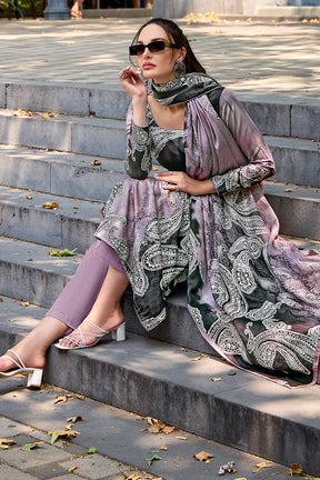 Mauve and Black Color Spun Printed Unstitched Suit