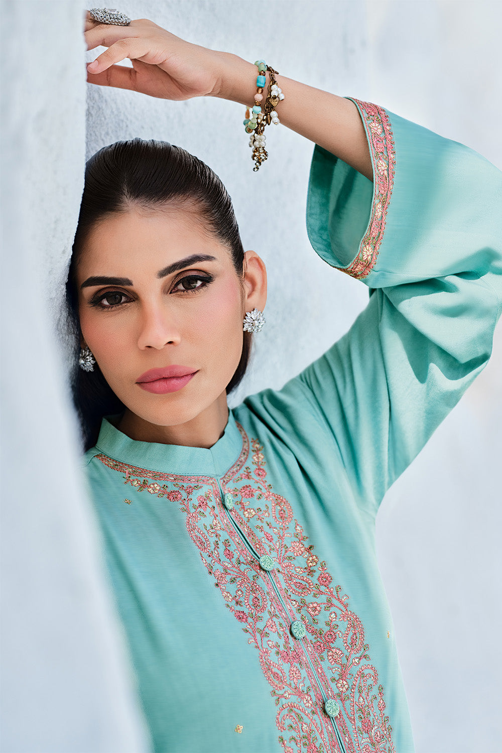 Turquoise Color Crepe Silk Embroidered Unstitched Suit Material