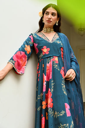 Teal Color Crepe Printed Anarkali Suit