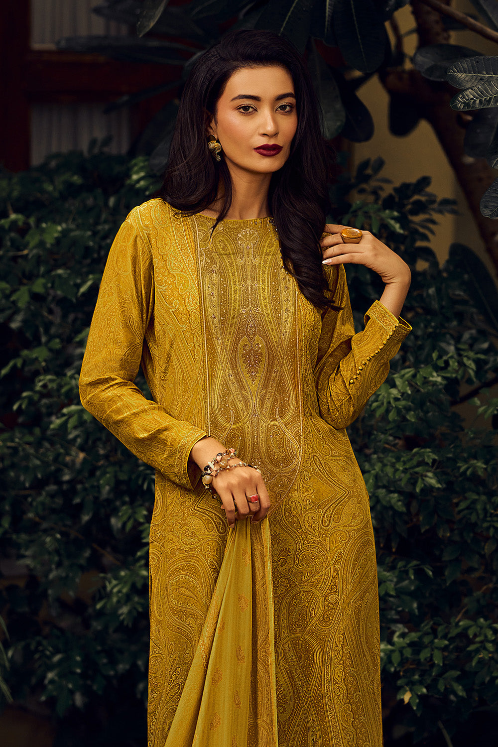 Mustard Colour Muslin Printed Unstitched Suit Fabric