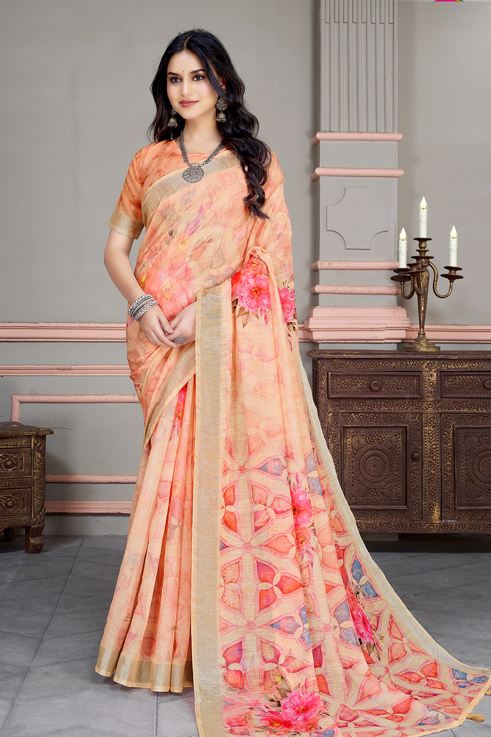 Peach Color Printed Cotton Saree