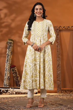 Cream & Lemon Yellow Color Floral Printed Cotton Anarkali Suit