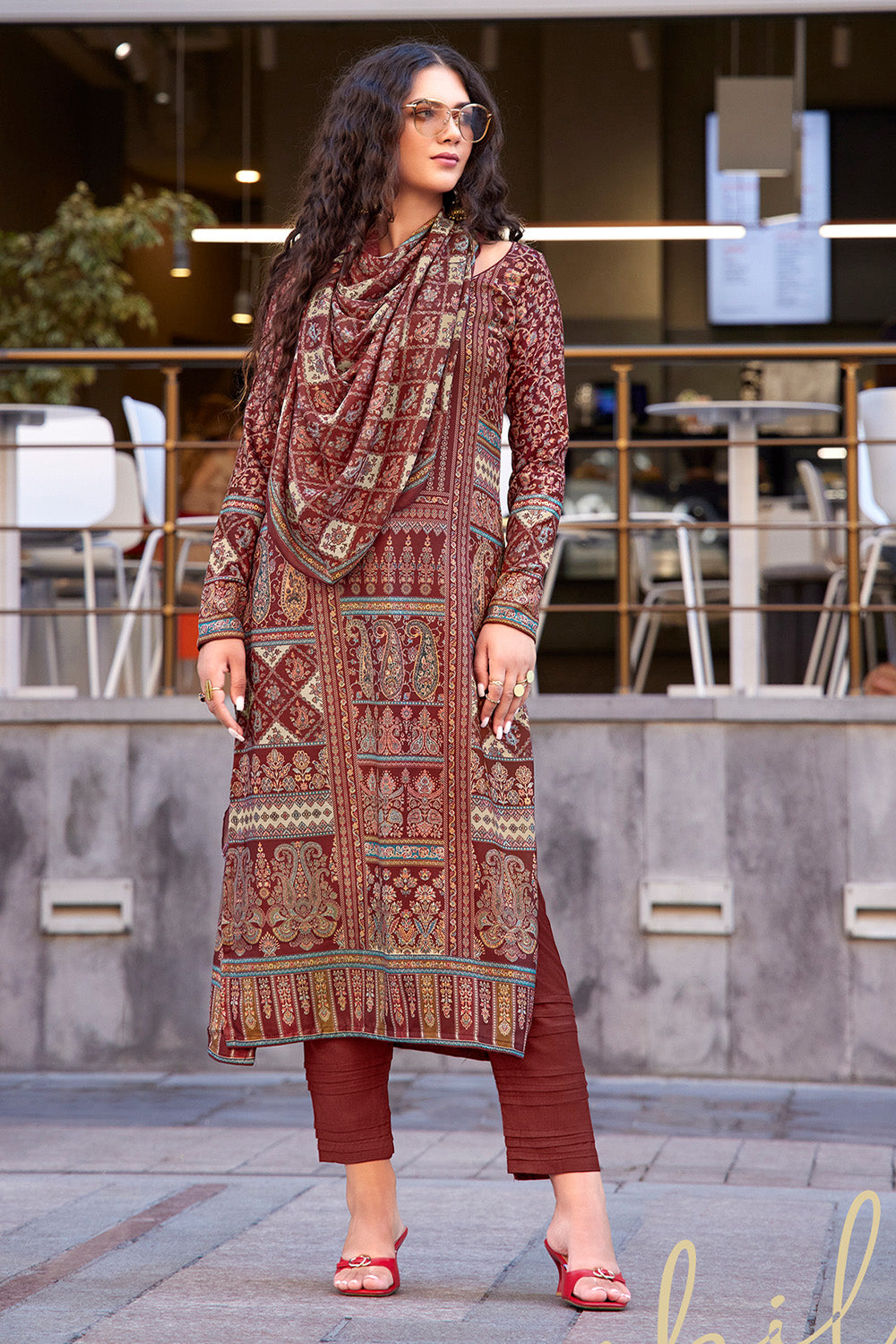 Maroon Color Printed Spun  Unstitched Suit Material