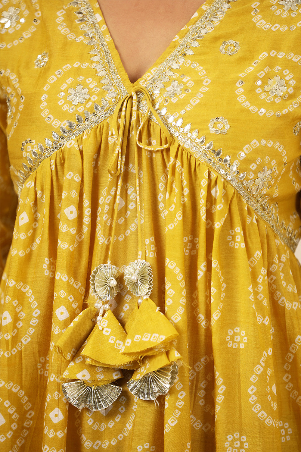 Mustard Color Crepe Silk Bhandhani Printed Alia-Cut Suit With Gharara