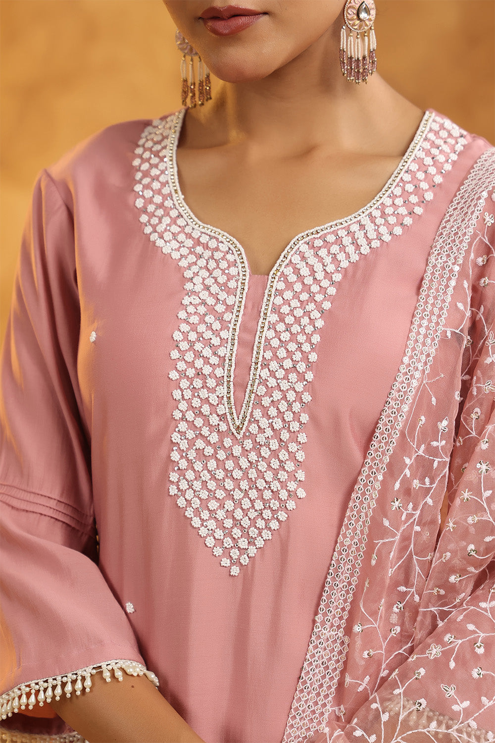 Dusty Pink Color Cotton Neck Embroidered Unstitched Suit Fabric